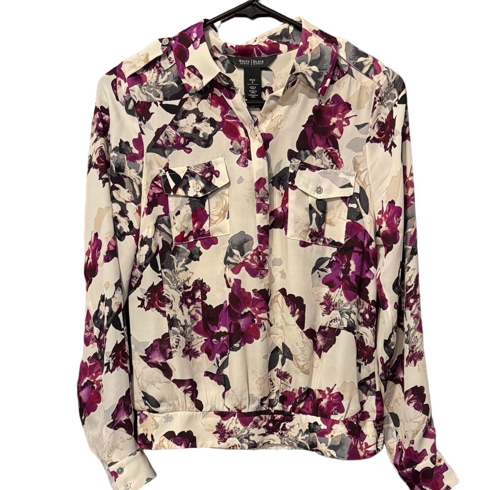 White House Black Market Floral Blouse in Purple and Cream with Banded Bottom